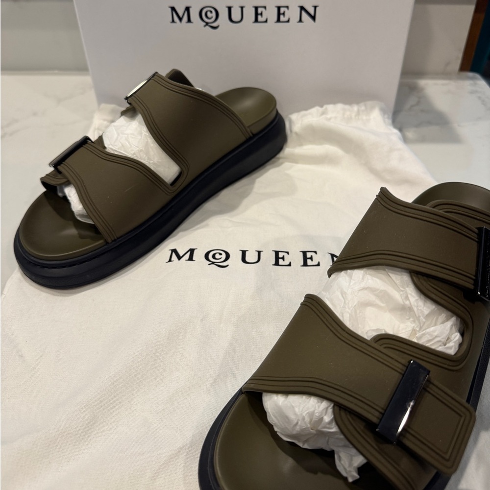 Alexander McQueen Double Strap Slide Sandals with Black Sole